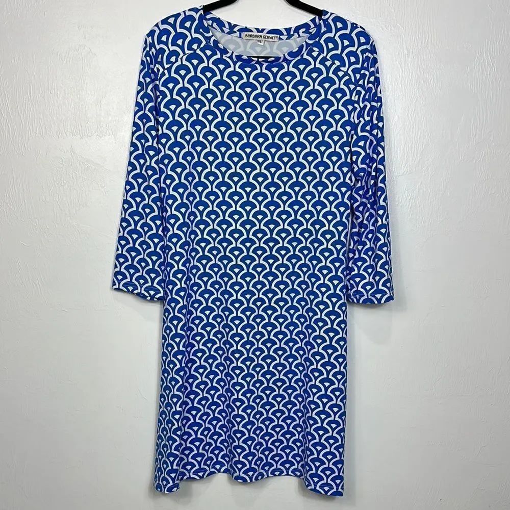 Barbara Gerwit Blue White Geo Print Long Sleeve Dress Size L